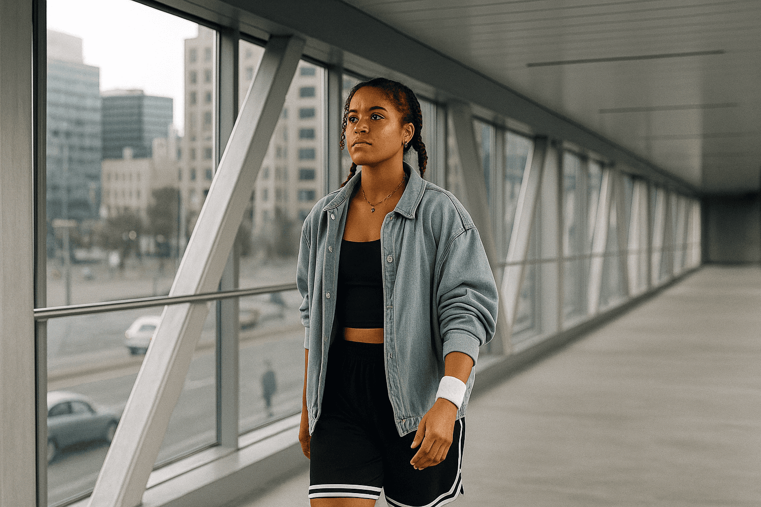Woman in a denim jacket and sportswear walking through a modern glass pedestrian bridge in an urban cityscape.