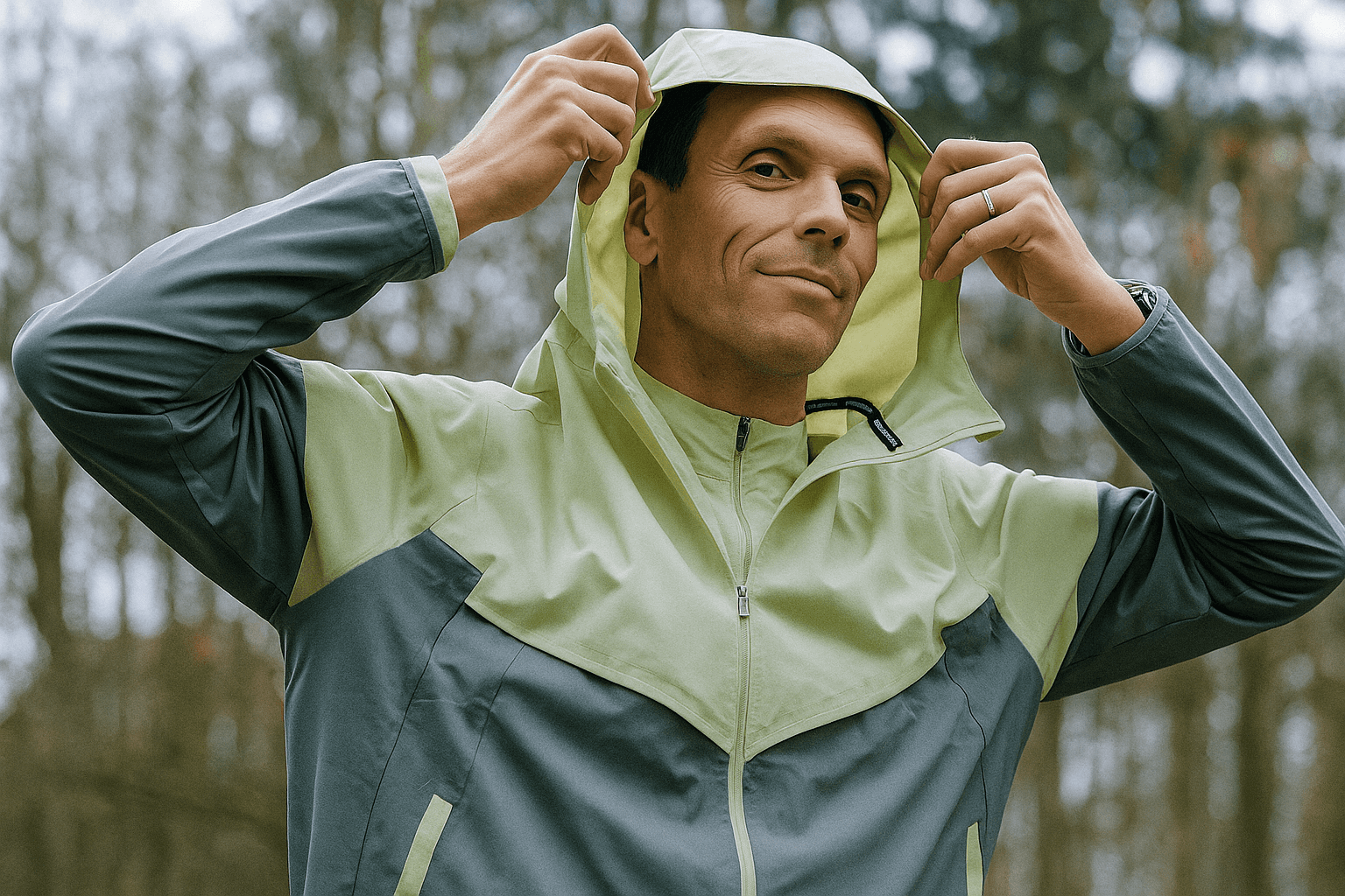 Smiling man adjusting the hood of his green and gray windbreaker, standing in a forest with tall bare trees in the background.