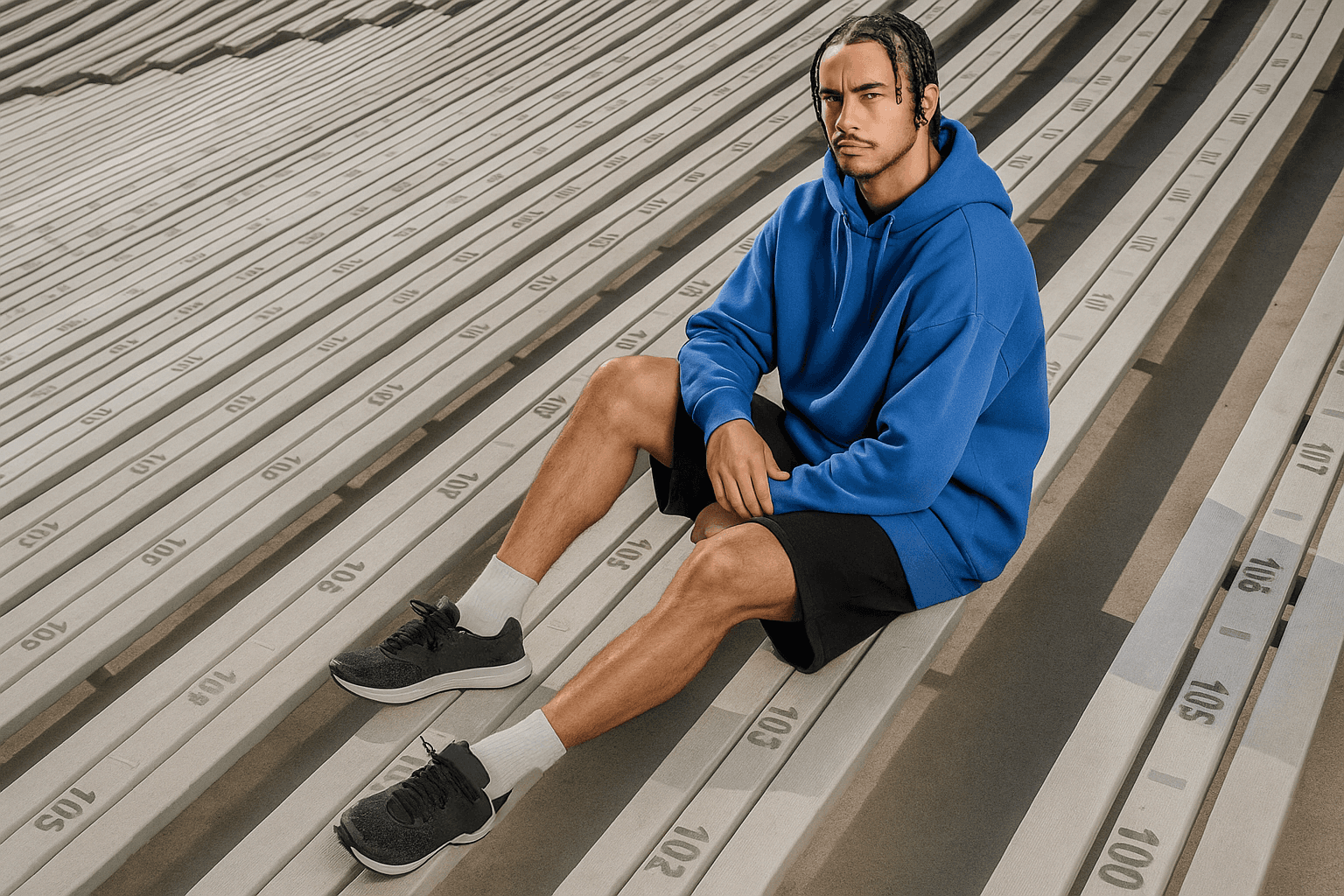 Man in blue hoodie and black shorts sitting on empty bleachers with numbered seating rows in a sunny stadium.