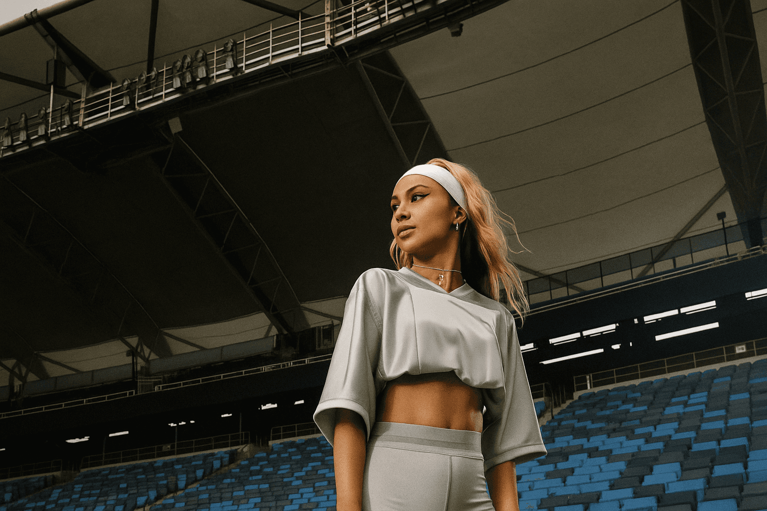 Stylish woman in a gray athletic outfit and headband standing confidently in a stadium, surrounded by empty blue seats and overhead steel beams.