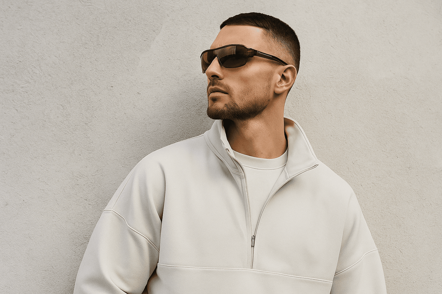 Fashionable man in a cream quarter-zip pullover and sunglasses standing against a minimalist concrete wall.