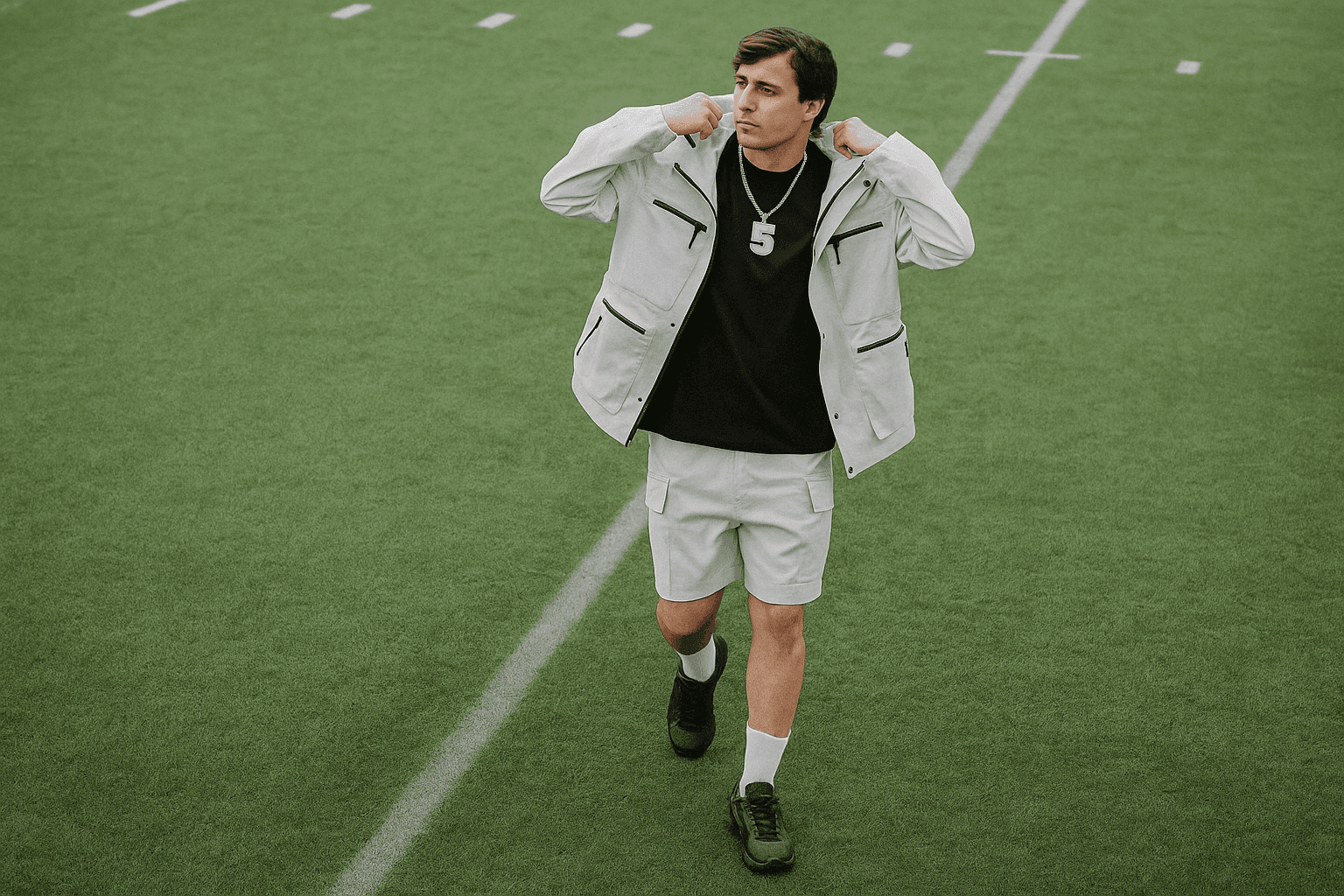 Man in a sporty jacket and light shorts walking across a football field, confidently pulling on his collar.