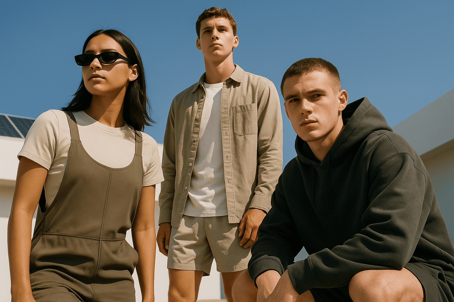 Three young adults in neutral-toned casual outfits posing under clear blue skies in an outdoor modern setting.