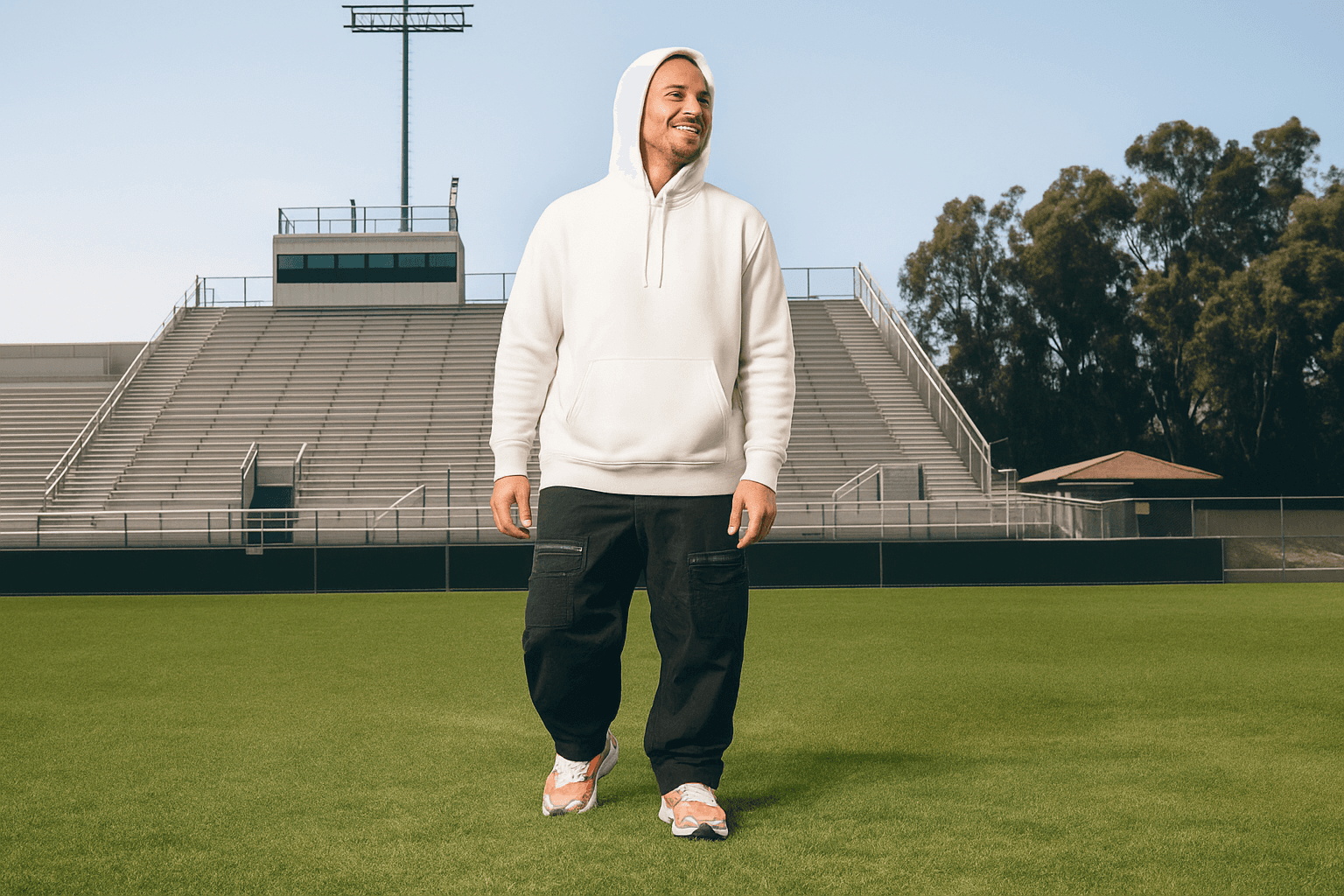 Smiling man in a white hoodie and black pants standing confidently on a bright green football field with empty stadium seats behind.
