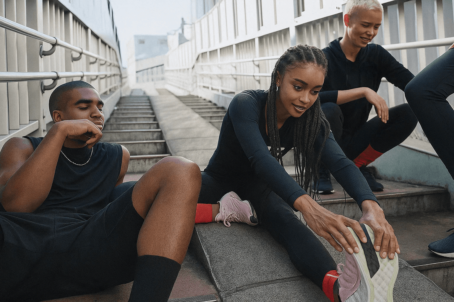 Group of young adults in athletic wear sitting on outdoor steps near a modern overpass, smiling and stretching together in a relaxed, casual moment.