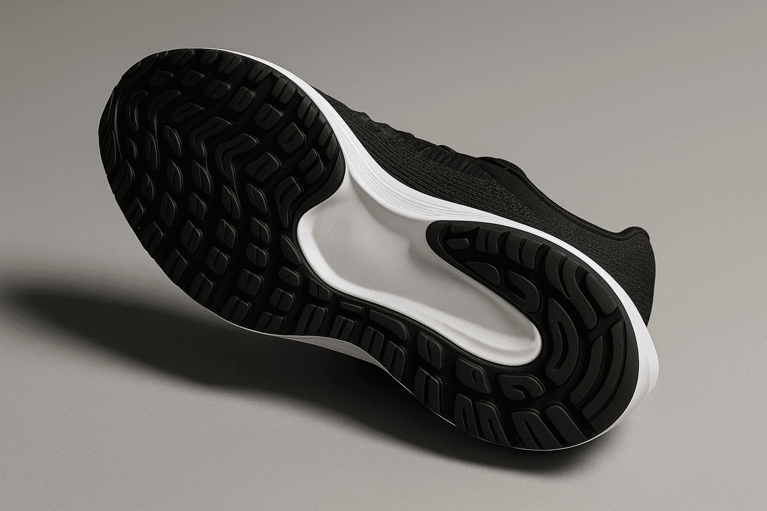 Angled view of a black athletic sneaker lying on its side, showcasing its textured, high-traction sole design against a neutral background.