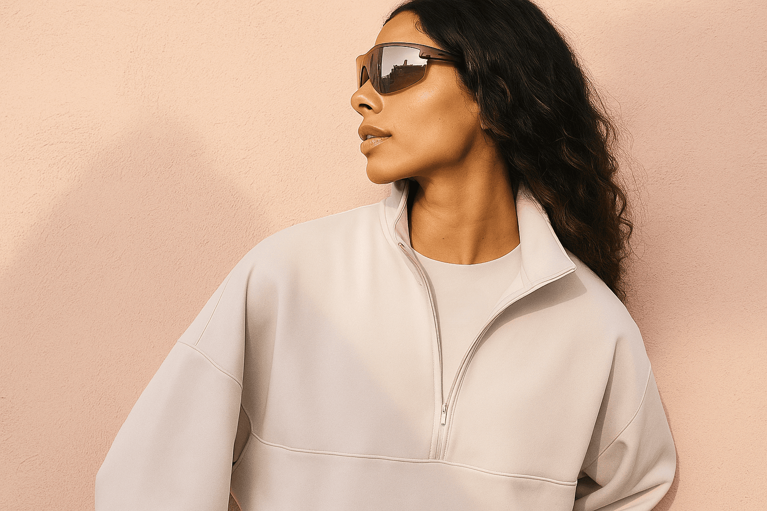 Stylish woman wearing an oversized cream quarter-zip sweatshirt and large sunglasses, looking to the side against a peach-colored wall.