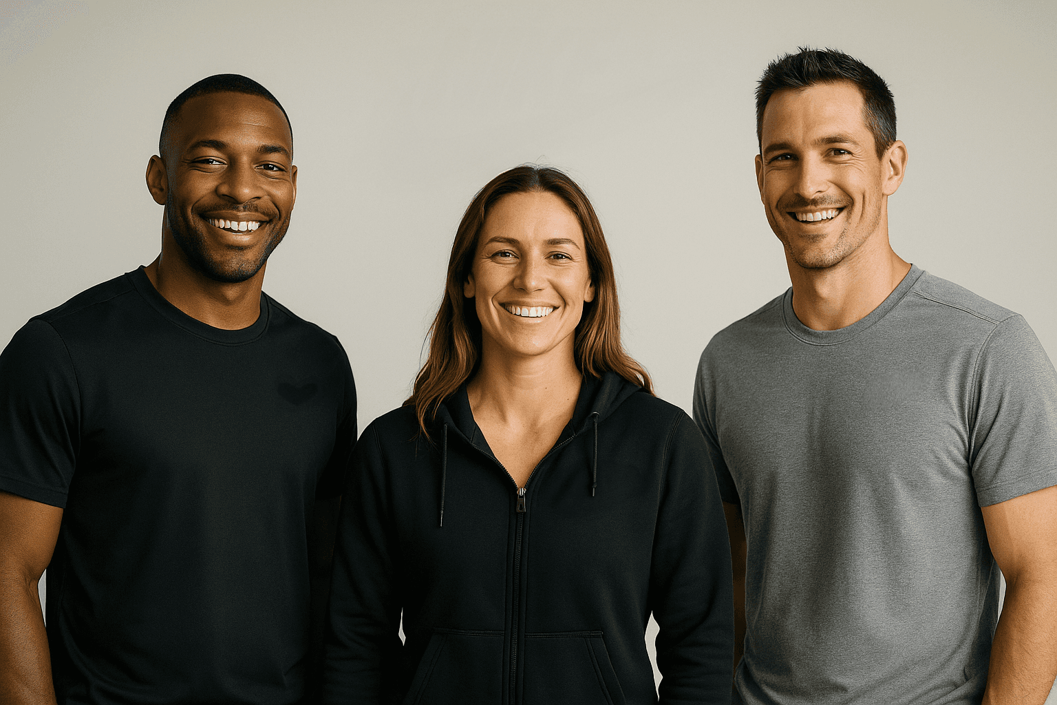 Portrait of three smiling people standing side by side against a neutral background — two men wearing black and grey t-shirts and a woman in a black zip-up hoodie.