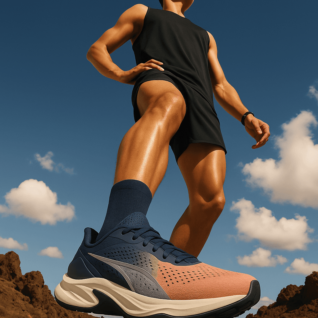 Athletic man in a sleeveless black outfit posing confidently outdoors under a bright blue sky, with a close-up of navy and salmon-colored men’s running shoes in the foreground.