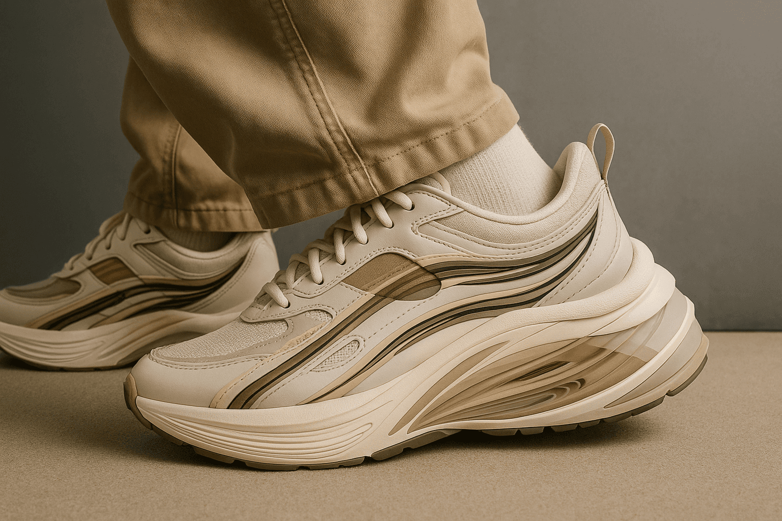 Close-up of beige and taupe-colored Slate Stride sneakers with dynamic curved sole design, worn with white socks and tan trousers, placed on a neutral-toned background.