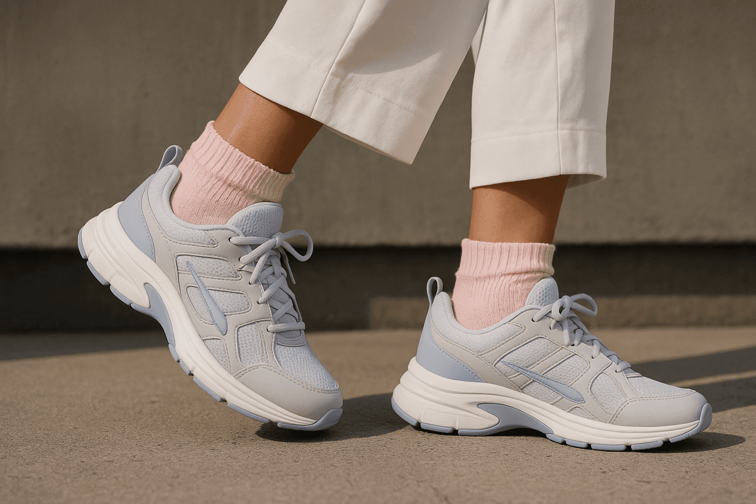 Close-up of light grey and pastel blue sneakers worn with pink socks and cropped white trousers, shown on a concrete surface.
