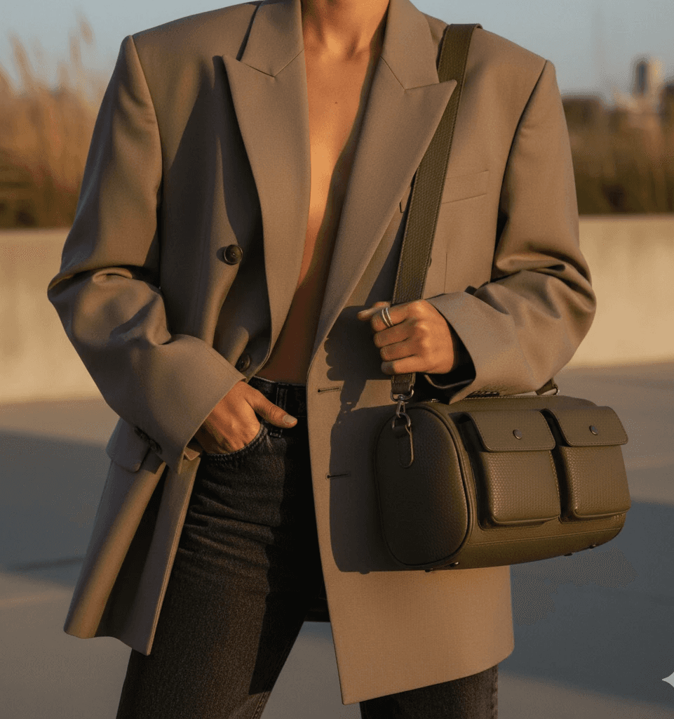 Woman holding the dark green bag