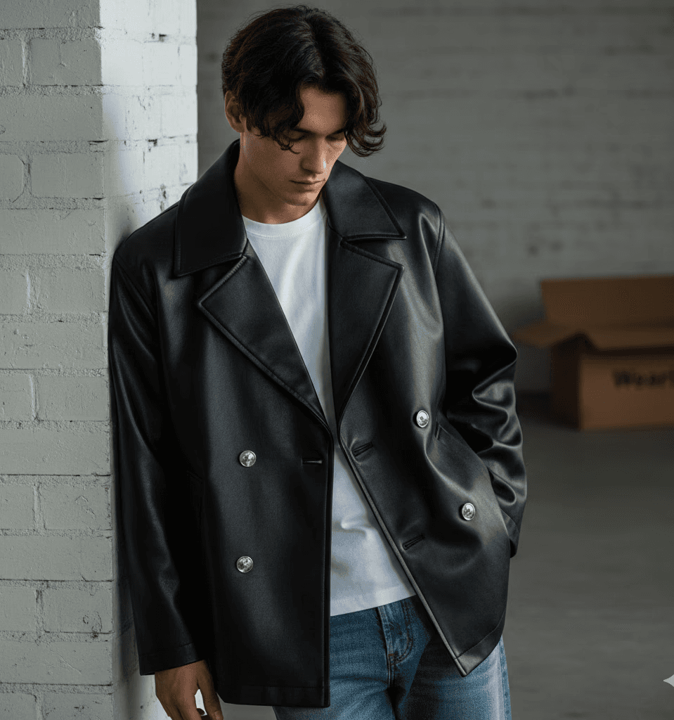 Young man in black leather double-breasted jacket jeans. stand with the support of the white wall