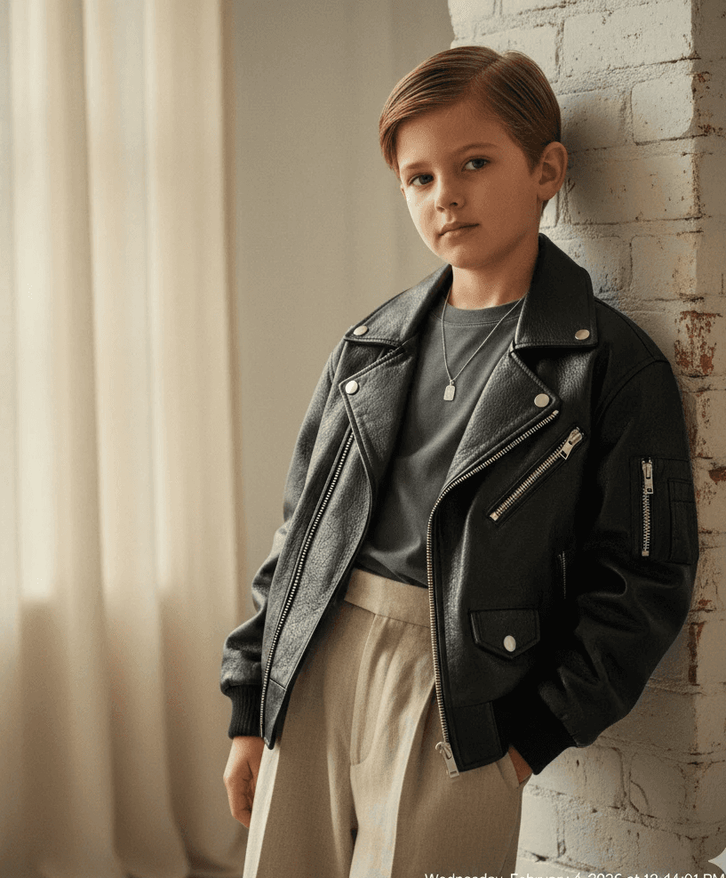 kid having brown hairs in the black jacket