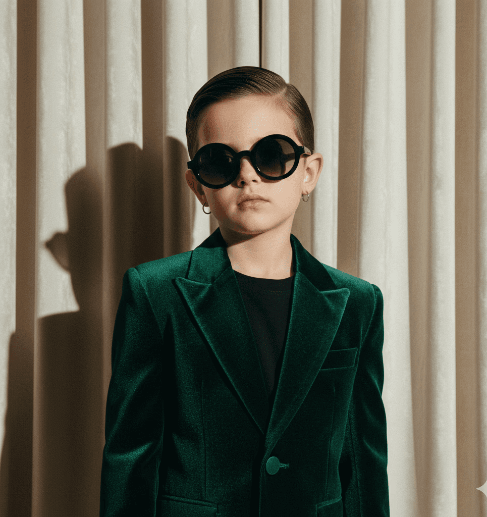 Kid in the green blazzer and the black glasses