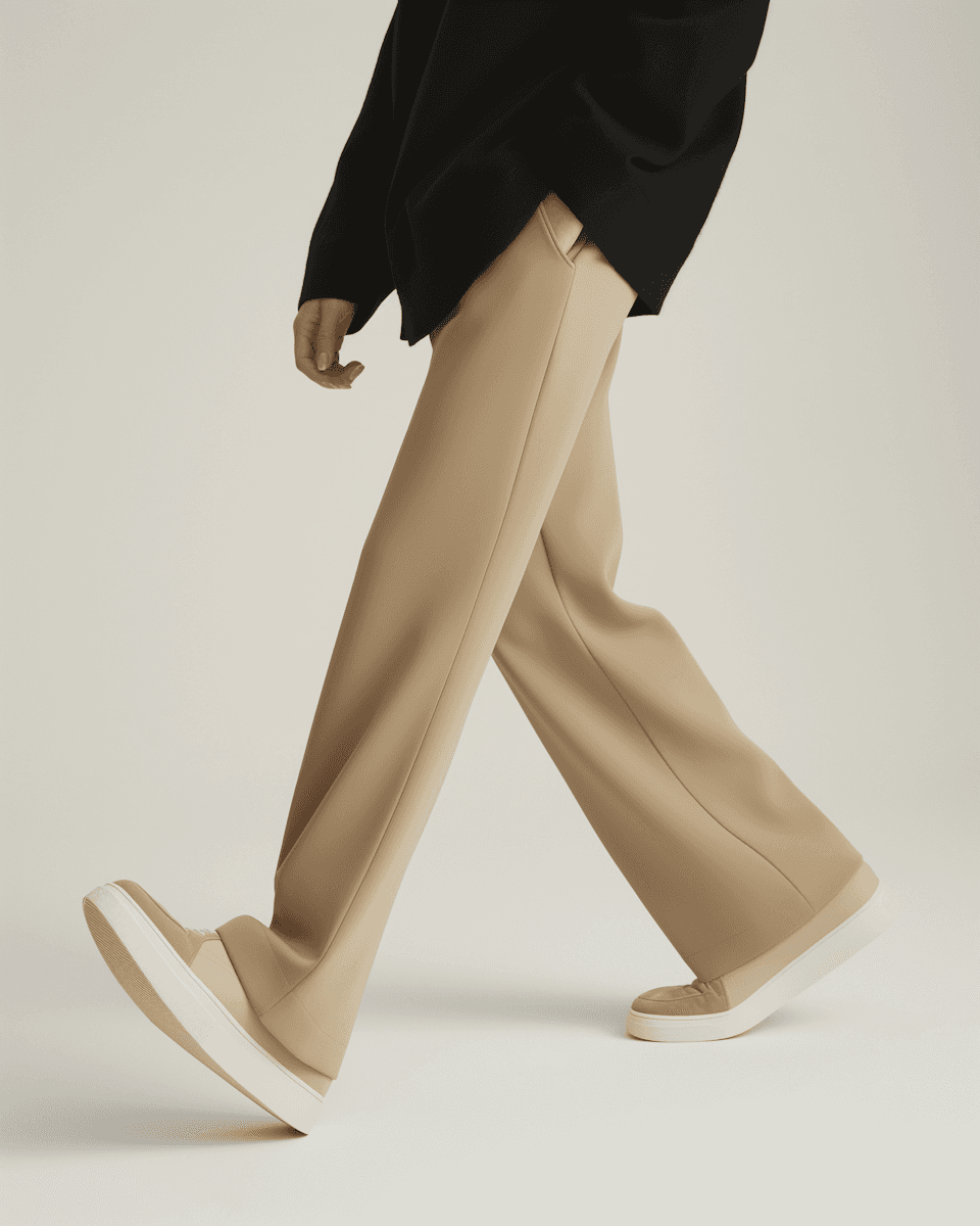 Shot of the person's legs wearing the brownish paints