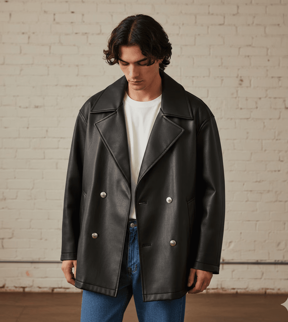 Young man in black leather double-breasted jacket jeans.