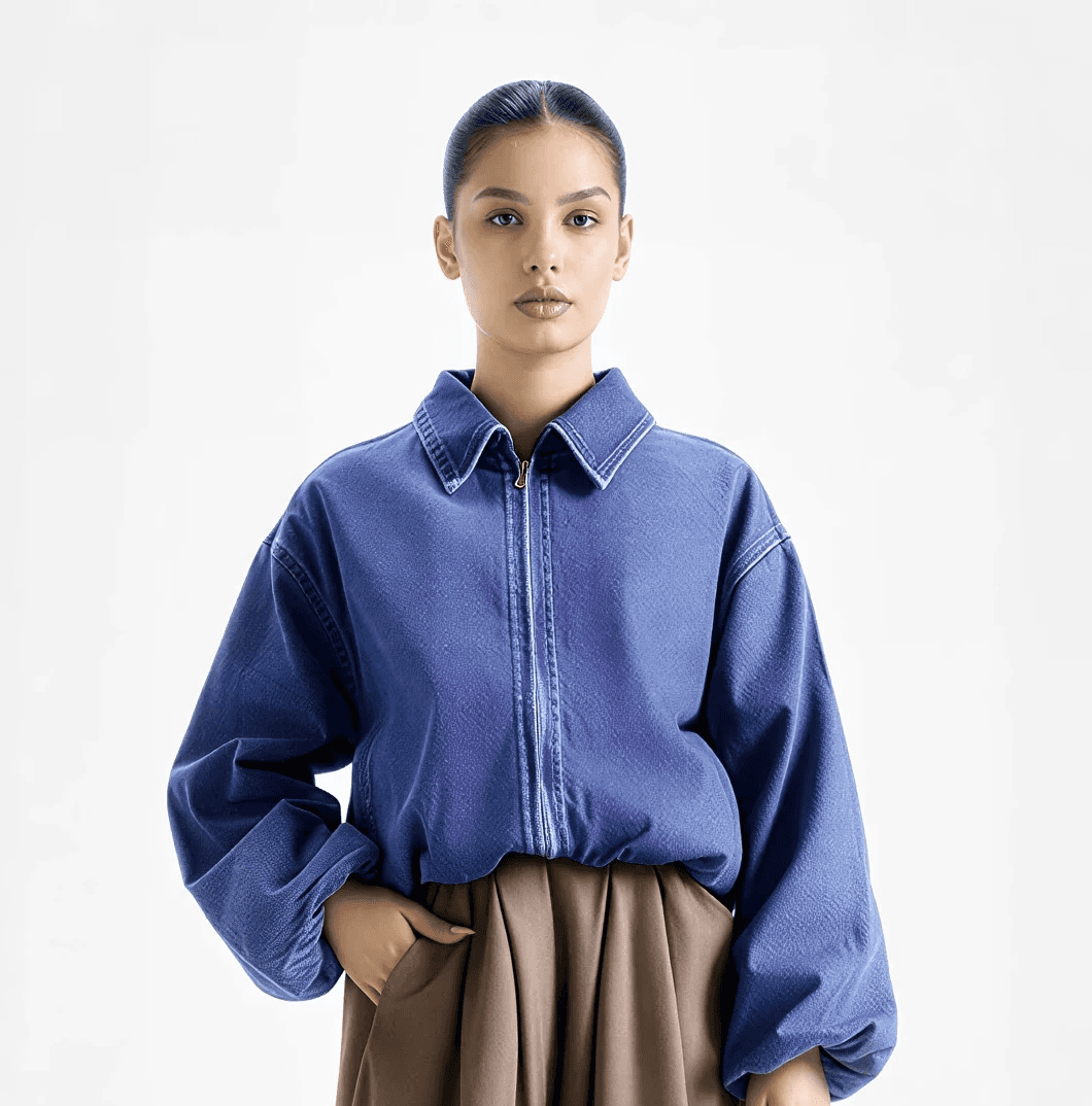 Woman in blue lather jacket