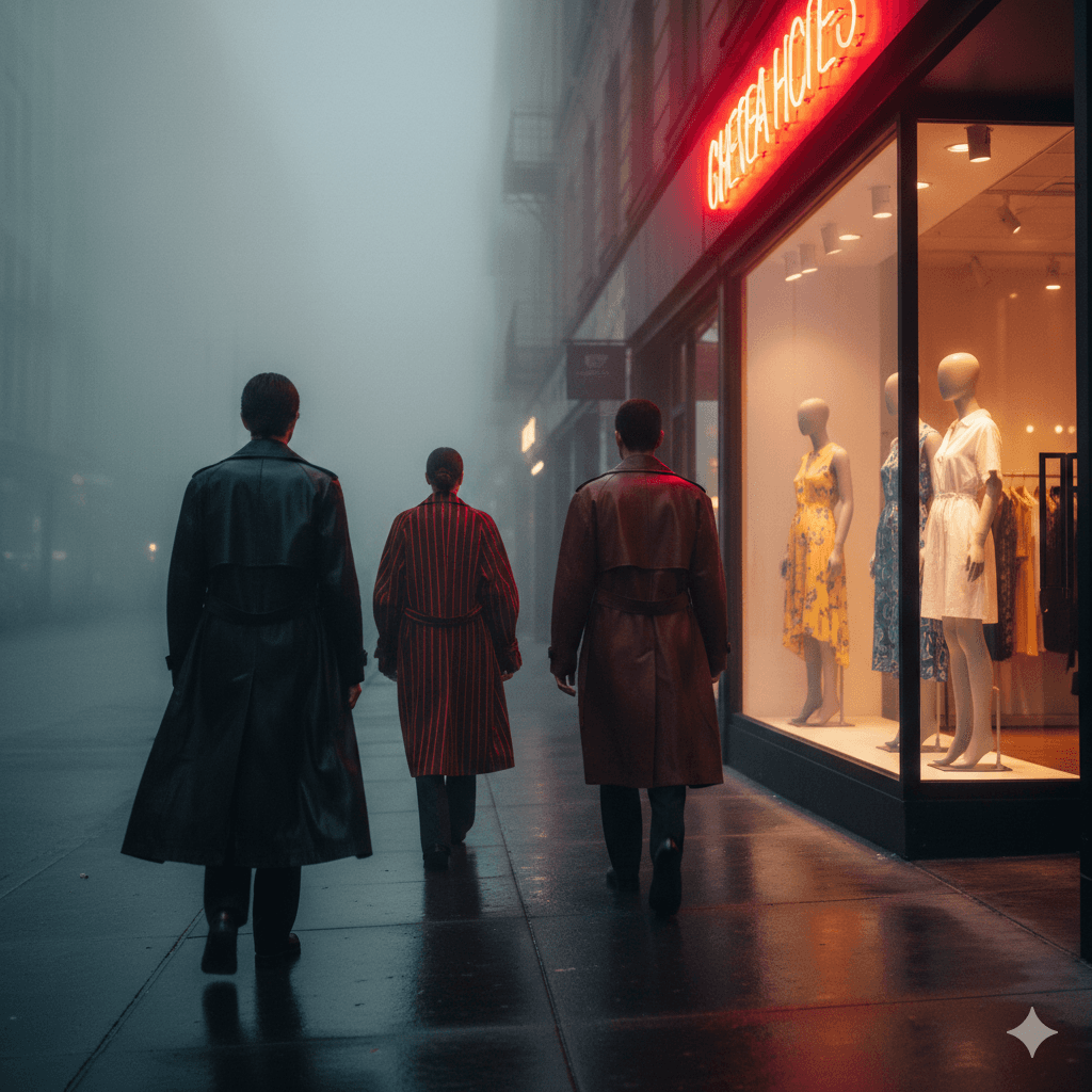 Three people in trench coats walk past a neon storefront.